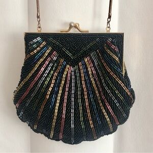 Carla Marchi black glass multicolor beaded scallop shell evening bag vintage